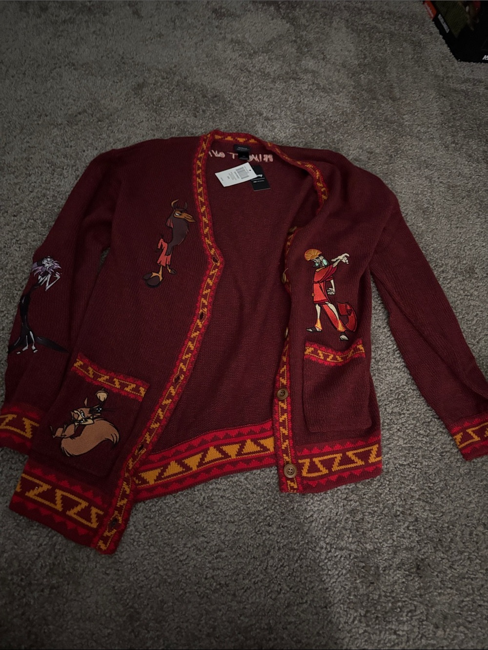 Disney emperors new groove Burgundy Cartoon Embroidered Cardigan Sweater